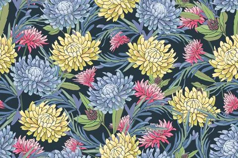 Vector floral seamless pattern. Light blue, pink and yellow autumn asters Stock Illustration