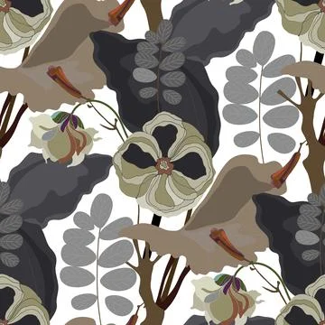 Vector floral seamless pattern. Light green flowers with black and gray leaves Stock Illustration