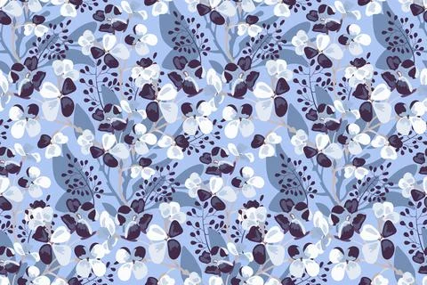 Vector floral seamless pattern. Lilac flowers with light brown twigs and blue Stock Illustration