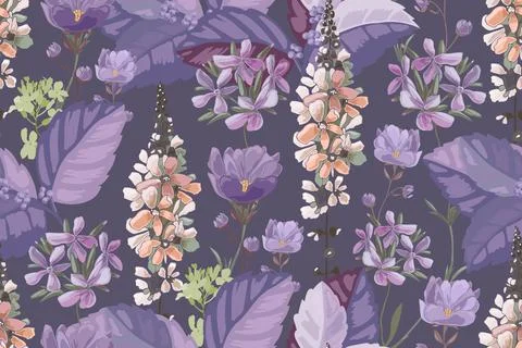 Vector floral seamless pattern. Lilac, violet, peach color flowers Stock Illustration