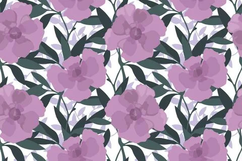 Vector floral seamless pattern. Lilac flowers with green twigs and leaves ... Foto stock