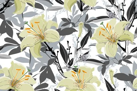Vector floral seamless pattern. Lilies, quinoa and wormwood, gray leaves. Stock Illustration