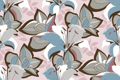 Vector floral seamless pattern with lilies on a pink pastel background. Stock Illustration