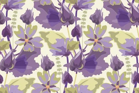 Vector floral seamless pattern with mallows. Purple flowers, olive-colored Stock Illustration