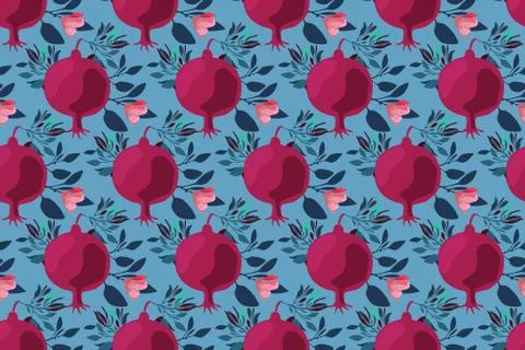 Vector floral seamless pattern. Maroon fruit pomegranates Stock Illustration