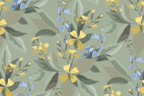 Vector floral seamless pattern with meadow flowers and herbs. Stock Illustration