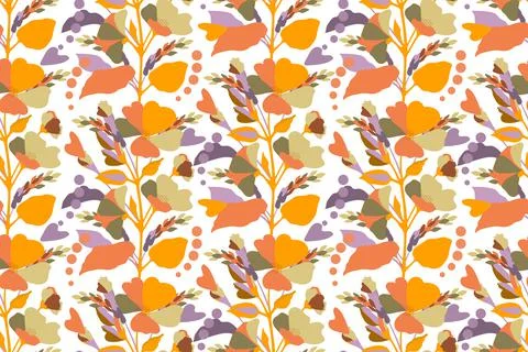 Vector floral seamless pattern. Multicolored flowers, spikelets, twigs and Stock Illustration