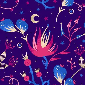 Vector floral seamless pattern. Mysterious night flowers. Repeat background w Stock Illustration