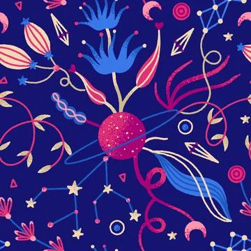 Vector floral seamless pattern. Mysterious night flowers and planet. Repeat b Stock Illustration