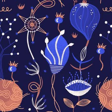 Vector floral seamless pattern. Mysterious witch night flowers. Repeat backgr Stock Illustration