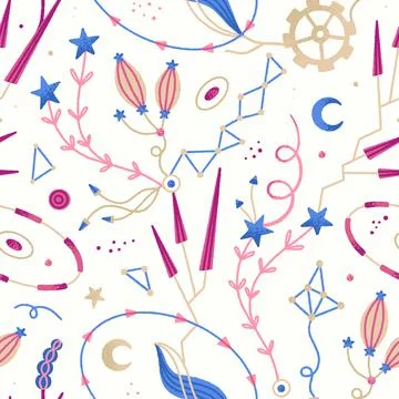 Vector floral seamless pattern. Mysterious cosmic flowers. Yellow background  Stock Illustration