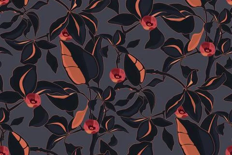 Vector floral seamless pattern. Night navy blue and coral color branches with Stock Illustration