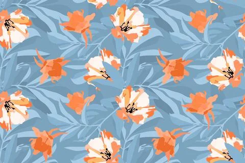 Vector floral seamless pattern. Orange, white flowers, blue leaves. Illustrazione stock