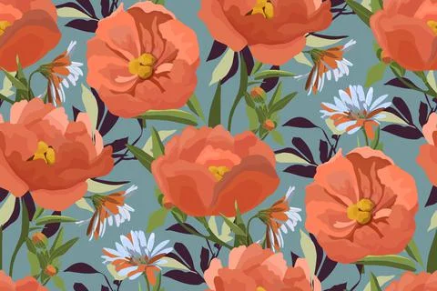 Vector floral seamless pattern. Orange and coral-colored flowers, leaves and Stock Illustration