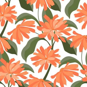 Vector floral seamless pattern. Orange flowers with green twigs and leaves... Foto stock