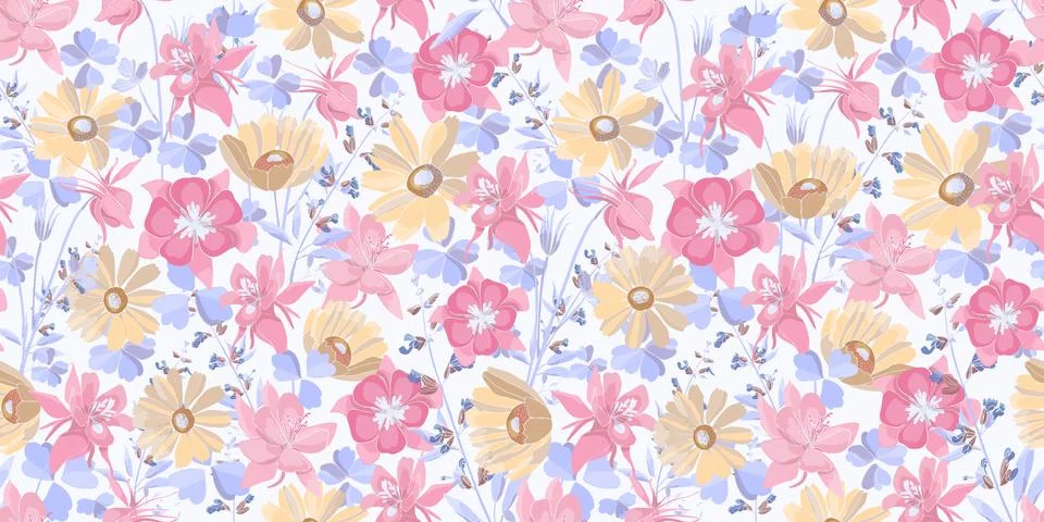 Vector floral seamless pattern. Pastel flowers and leaves. Stock Illustration