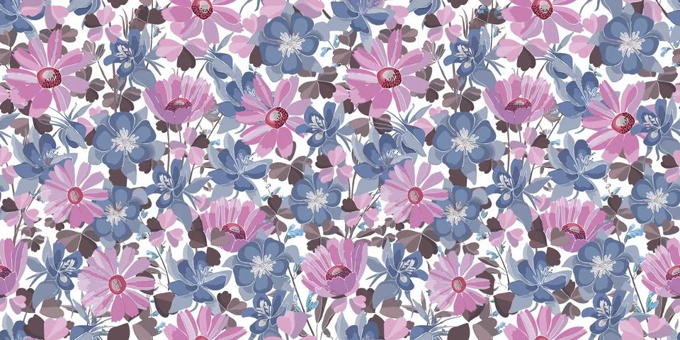 Vector floral seamless pattern. Pastel flowers and leaves. Pink, blue, purple Stock Illustration