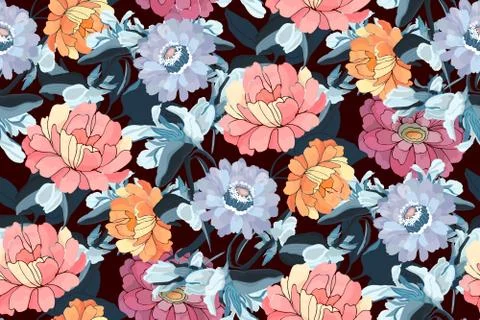 Vector floral seamless pattern. Pink, orange, blue zinnias, peonies. Stock Illustration