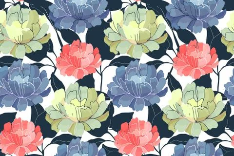 Vector floral seamless pattern. Pink, yellow, blue garden flowers. Stock Illustration