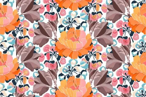 Vector floral seamless pattern. Pink, yellow, red, blue flowers, brown leaves. Stock Illustration