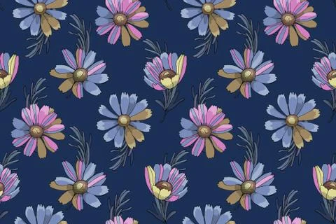 Vector floral seamless pattern. Pink and blue flowers, Stock Illustration