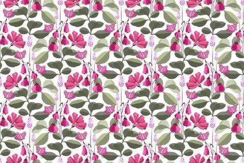 Vector floral seamless pattern with pink butterflies, pink and purple flowers. Stock Illustration