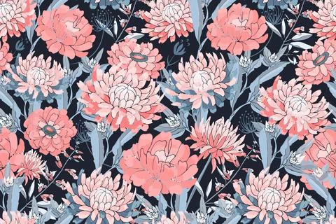 Vector floral seamless pattern. Pink asters, chrysanthemums, zinnias Illustrazione stock