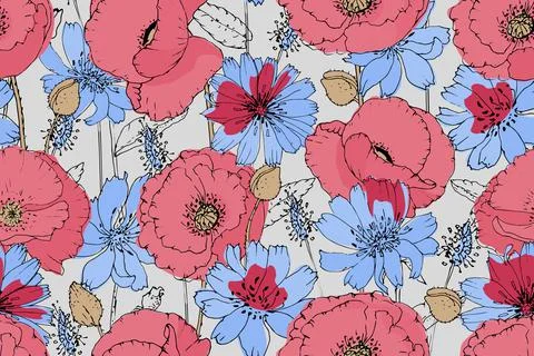 Vector floral seamless pattern. Pink, red poppies, blue chicory Stock Illustration