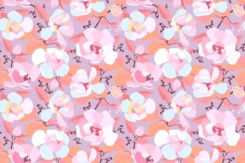 Vector floral seamless pattern. Pink and white garden flowers Stock Illustration