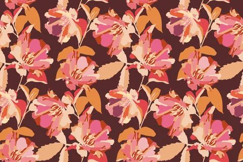 Vector floral seamless pattern. Pink flowers, orange leaves. Stock Illustration
