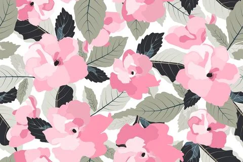 Vector floral seamless pattern. Pink garden flowers with olive and dark blue Stock Illustration