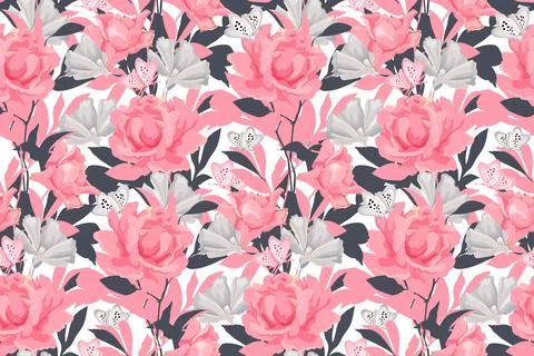 Vector floral seamless pattern. Pink, grey flowers, leaves, butterflies. Stock Illustration