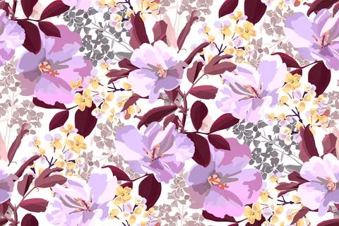 Vector floral seamless pattern. Pink, purple and yellow flowers with burgundy Illustrazione stock