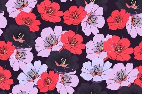 Vector floral seamless pattern. Pink, red, dark purple flowers. Stock Illustration