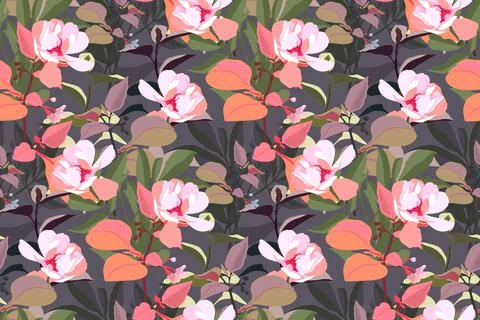 Vector floral seamless pattern. Pink garden flowers with orange, green, grey Stock Illustration