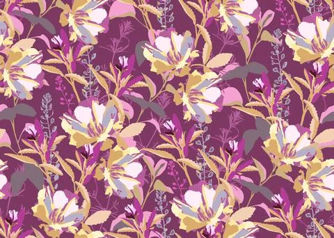 Vector floral seamless pattern. Pink, grey, white, light yellow, purple flowers. Stock Illustration