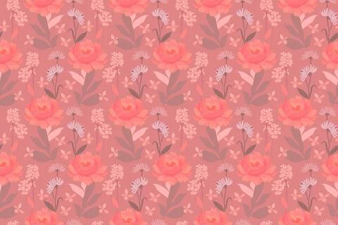 Vector floral seamless pattern. Pink, coral color, coffee color flowers, leaves. 스톡 일러스트