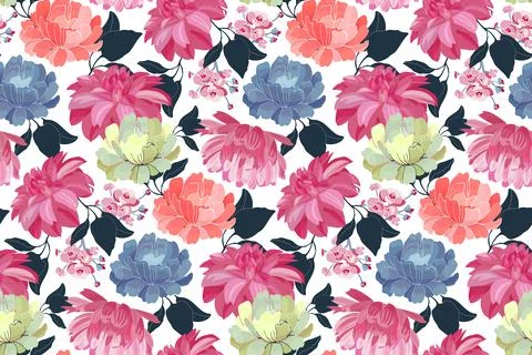 Vector floral seamless pattern. Pink, blue, yellow, coral color flowers. Stock Illustration