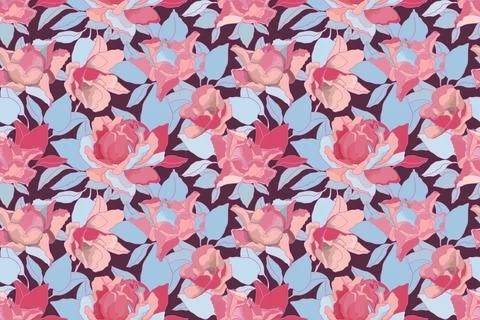 Vector floral seamless pattern. Pink roses and blue leaves. Stock Illustration