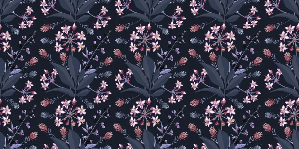 Vector floral seamless pattern. Pink, purple flowers. Stock Illustration