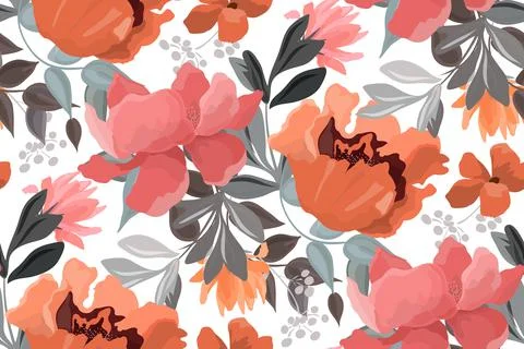 Vector floral seamless pattern. Pink, red and orange flowers, buds and gray Stock Illustration