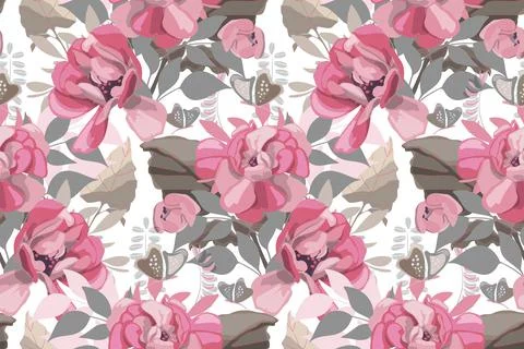 Vector floral seamless pattern. Pink roses, beige and gray leaves and Stock Illustration