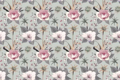 Vector floral seamless pattern. Pink and white pastel flowers, gray leaves on a Stock Illustration