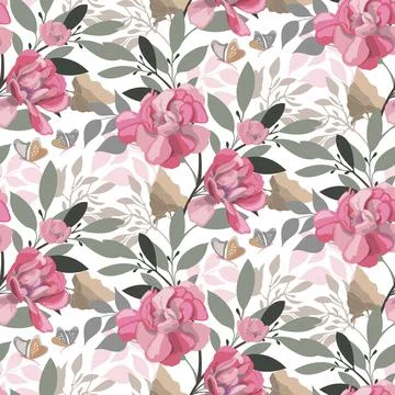 Vector floral seamless pattern. Pink flowers and butterflies. Stock Illustration