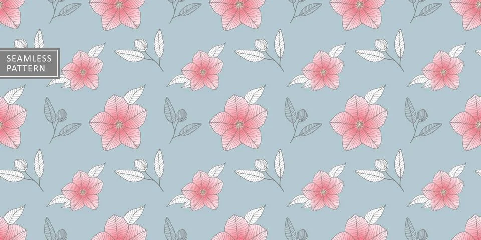 Vector floral seamless pattern with pink flowers and white leaves Stock Illustration