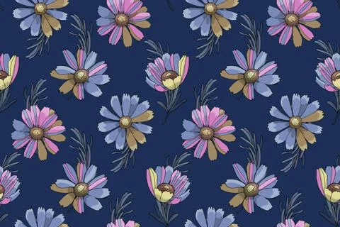 Vector floral seamless pattern. Pink and blue flowers, Vector floral seaml... Stock Photos