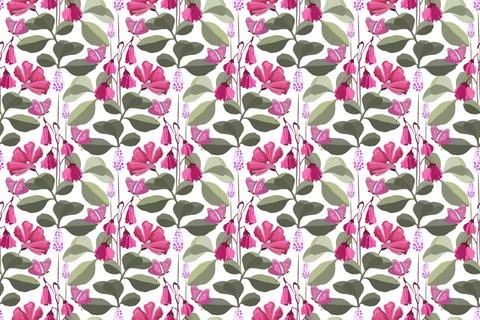Vector floral seamless pattern with pink butterflies, pink and purple flow... Stock Photos