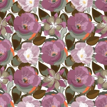 Vector floral seamless pattern. Plum-colored poppies, Ipomoea. Stock Illustration
