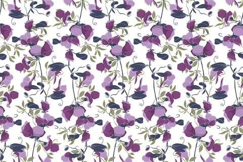 Vector floral seamless pattern. Purple, lilac and pink flowers and petals, dark Stock Illustration