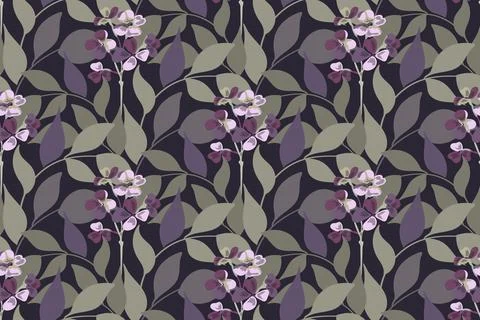 Vector floral seamless pattern. Purple flowers, green leaves Stock Illustration